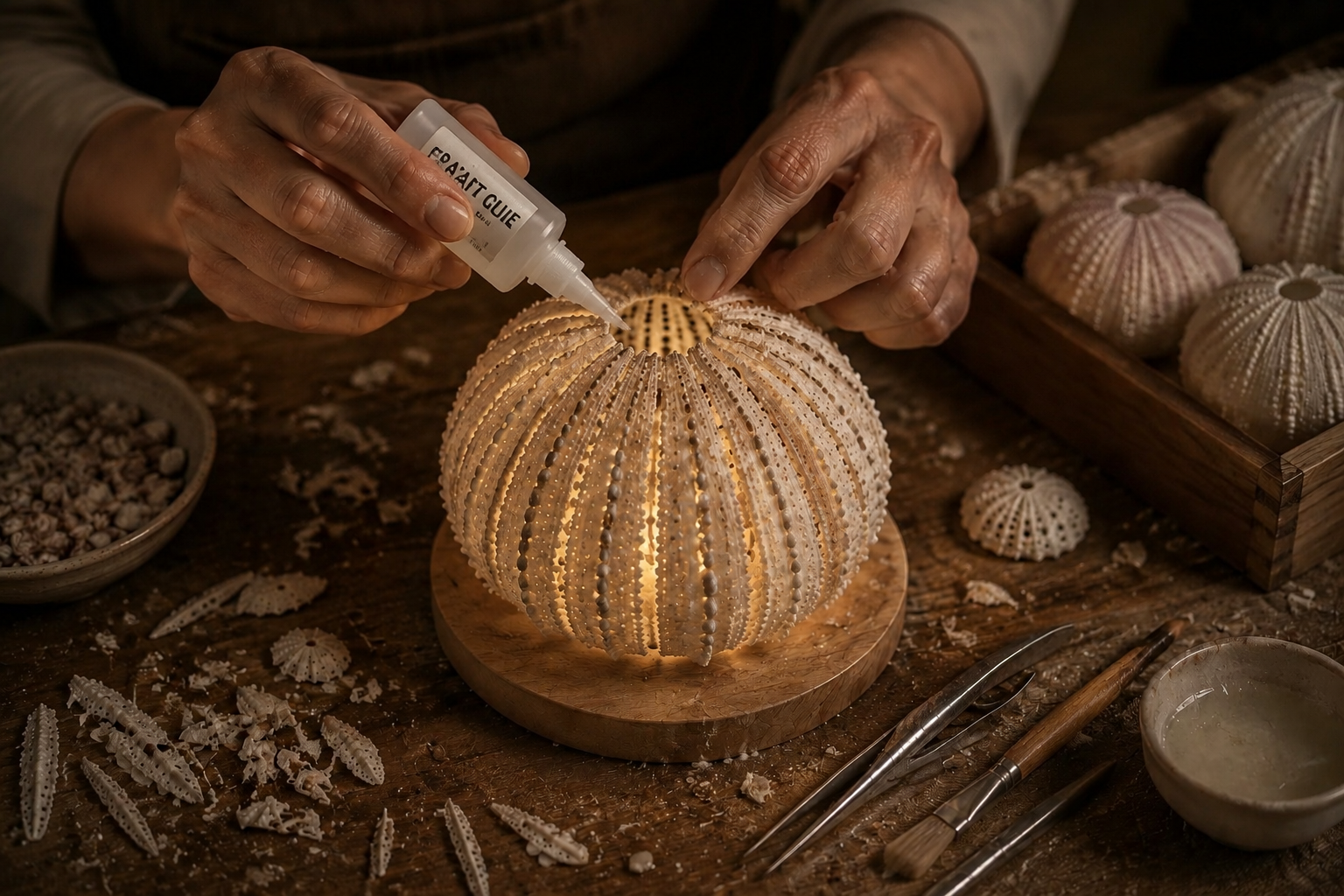 Artisan hands assembling a glowing sea urchin lamp