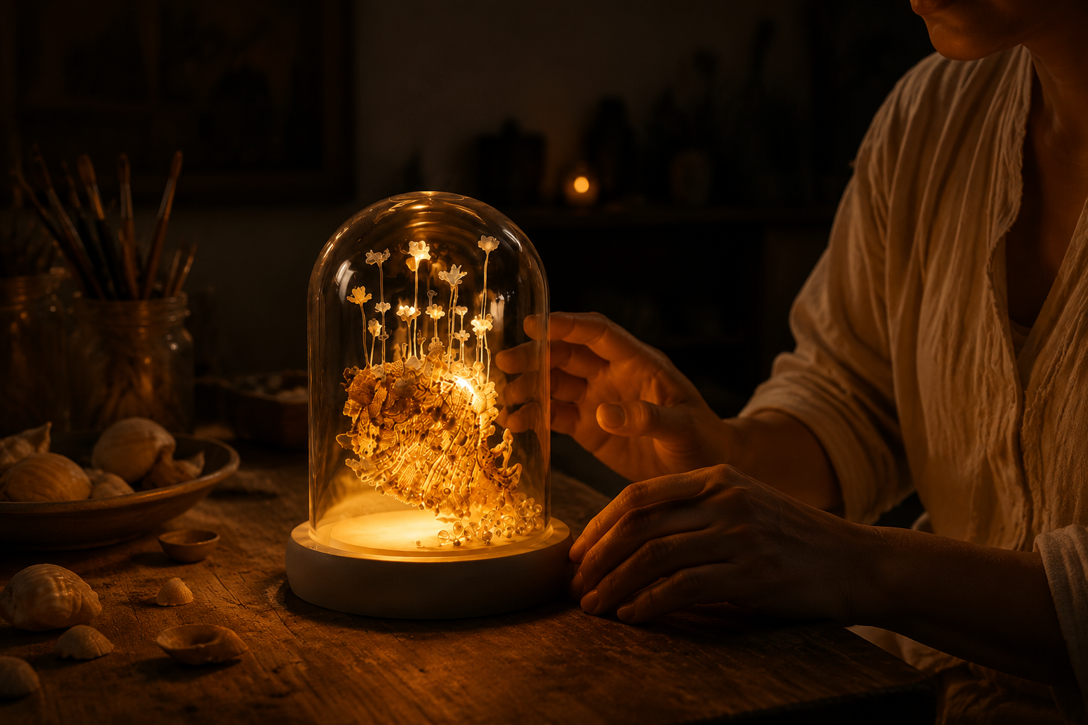 Hand-finished seashell lamp glowing on a wooden workshop table