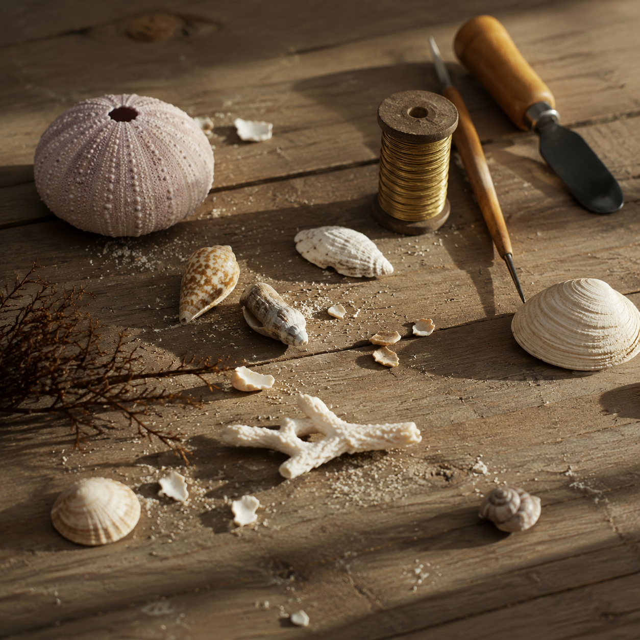 Natural seashells, sea urchin, and finishing tools on a wooden table